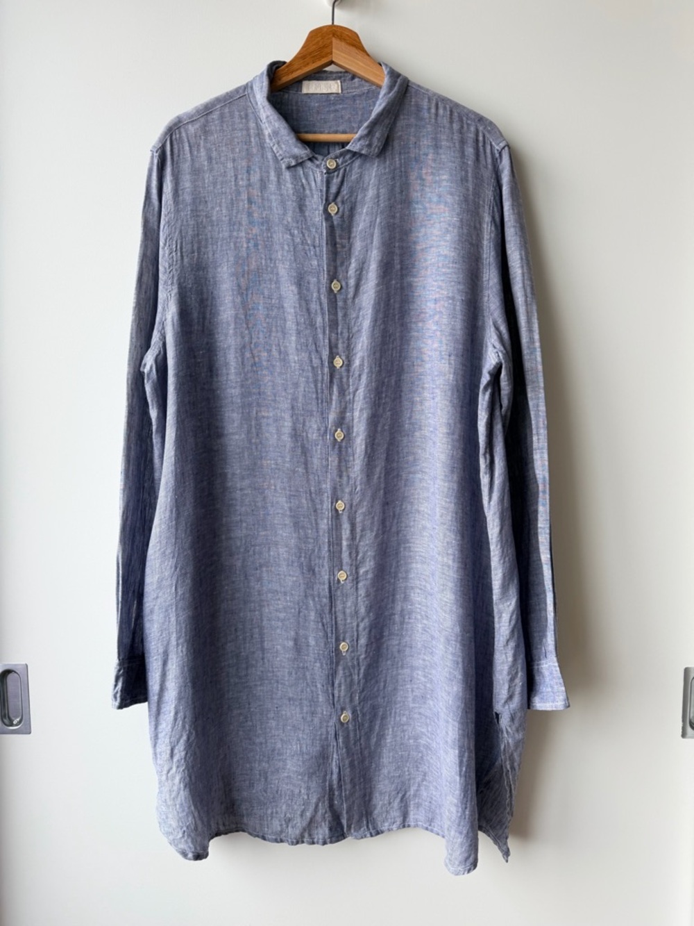 CP Shades 100% Linen Maxi Dress Blue Long Sleeve Button Front Made In USA Tunic